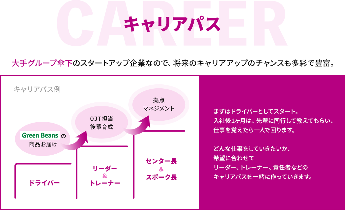 キャリアパス。大手グループ傘下のスタートアップ企業なので、将来のキャリアアップのチャンスも多彩で豊富。まずはドライバーとしてスタート。入社後1ヶ月は、先輩に同行して教えてもらい、仕事を覚えたら一人で回ります。どんな仕事をしていきたいか、希望に合わせてリーダー、トレーナー、責任者などのキャリアパスを一緒に作っていきます。