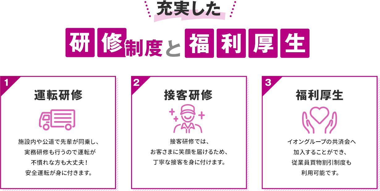 充実した研修制度と福利厚生。01運転研修。施設内や公道で先輩が同乗し、実務研修も行うので運転が不慣れな方も大丈夫！安全運転が身に付きます。02接客研修
                接客研修では、お客さまに笑顔を届けるため、丁寧な接客を身に付けます。03福利厚生。イオングループの共済会へ加入することができ、従業員買物割引制度も利用可能です。